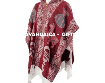 Kapuzen-Poncho aus Alpaka-Wolle Unisex, Poncho aus Alpaka-Wolle Schamane, peruanischer traditioneller Poncho, Boho-Poncho, ethnische Poncho-Wolle