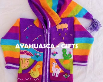 Children's cardigan Kids hooded sweater knitted, jacket toddler hoodies, Peruvian kids sweater hand embroidered details, kid jacket