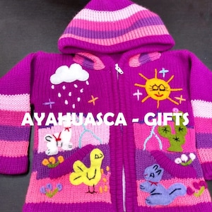 Children's cardigan Kids hooded sweater knitted, jacket toddler hoodies, Peruvian kids sweater hand embroidered details, kid jacket zdjęcie 3