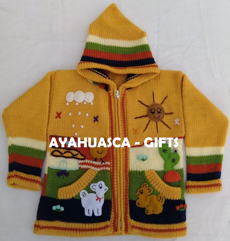 Children's cardigan Kids hooded sweater knitted, jacket toddler hoodies, Peruvian kids sweater hand embroidered details, kid jacket zdjęcie 7