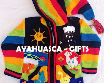 Children's cardigan Kids hooded sweater knitted, jacket toddler hoodies, Peruvian kids sweater hand embroidered details, kid jacket