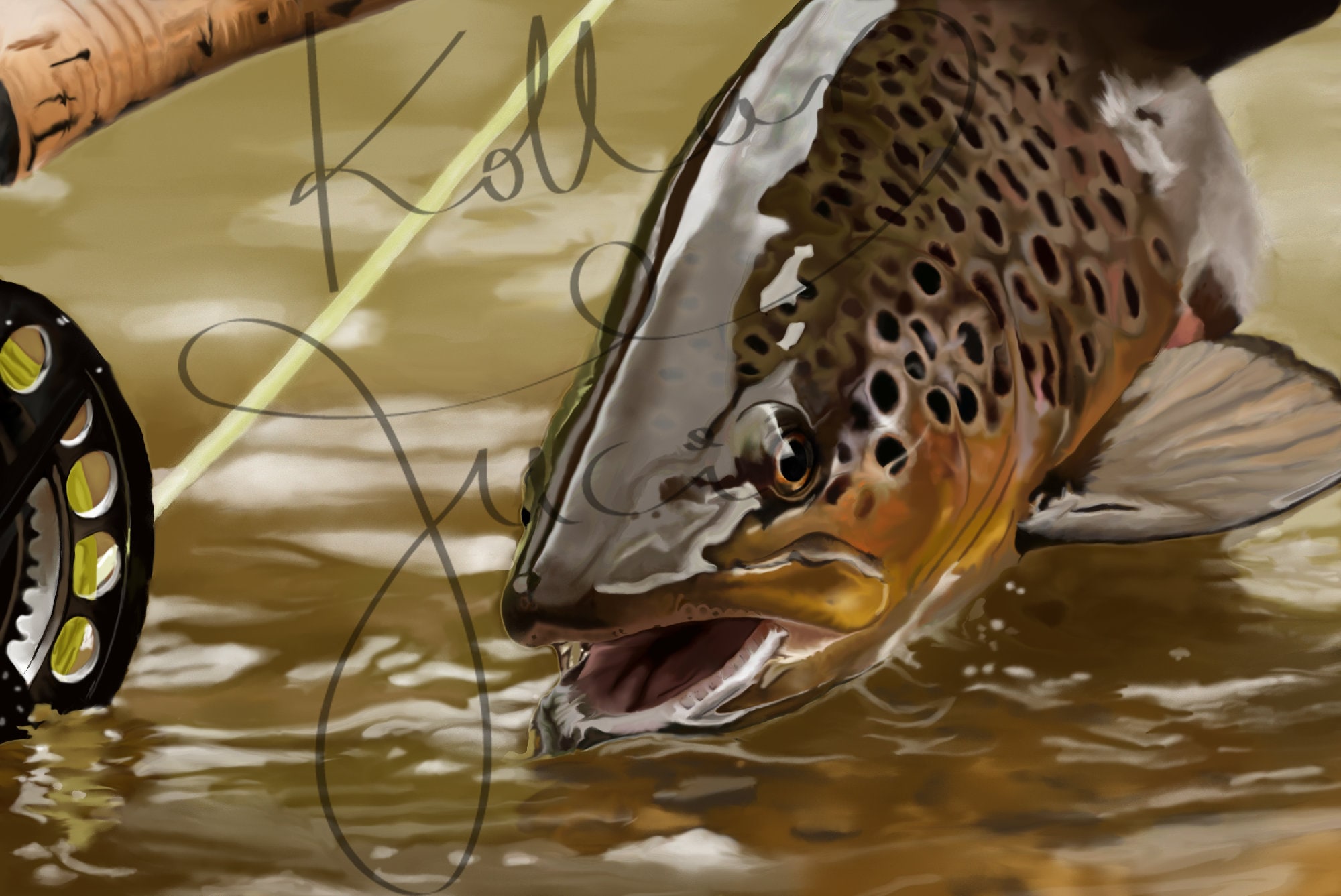 High Resolution Digital Image Painting of a Trout, Flyfishing scene,  Printable, Poster, Wallpaper, Fishing Wall Art, Man Cave, PNG