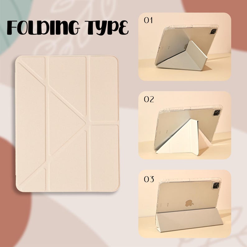 May include: Three different folding positions for a tablet case. The case is beige and has a geometric pattern. The tablet is not included.