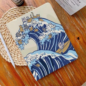 The Cat Sea Waves iPad Case,13&quot;iPad Case,iPad Air 4/5/6 Case with Pencil Holder iPad Pro 12.9&quot; 11&quot; Mini 6/5/4,10/9/8/7,10.2&quot;,2024/2022/2021