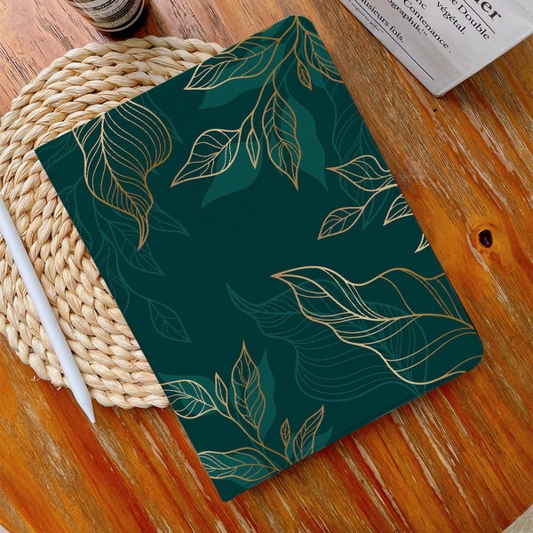 Blackish Green Leaves iPad Case iPad Air 4/5 Case with Pencil Holder iPad Pro 12.9" 11" Mini 6/5/4, 10/9/8/7, 10.2", 2022/2021