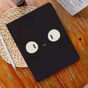 Black Cat Face Big Eyes iPad Case with Pencil Holder for iPad Air 4/5 iPad Pro 12.9" 11" 9.7", iPad Mini 6, iPad 9/8/7, 10.2", 2022/2021