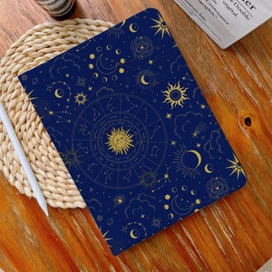 Dark Blue Stars Moon iPad Case iPad Air 4/5 Case with Pencil Holder iPad Pro 12.9" 11" Mini 6/5/4, 10/9/8/7, 10.2", 2022/2021