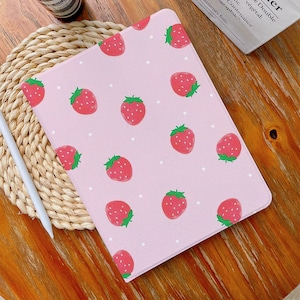 Pink Milk Strawberry iPad Case with Pencil Holder for iPad 9.7"10.2"11"12.9" in, iPad Air 2 3 4 iPad Mini 6 5 4 3 iPad 2021 2020 Pro Cover