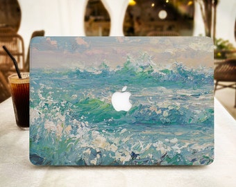 May include: A laptop skin featuring a painted design of blue ocean waves crashing against each other. The skin has a white Apple logo cutout.