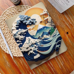Fake 3D Great Wave iPad Case,13&quot;iPad Case,iPad Air 4/5/6 Case with Pencil Holder iPad Pro 12.9&quot; 11&quot; Mini 6/5/4,10/9/8/7,10.2&quot;,2024/2022/2021