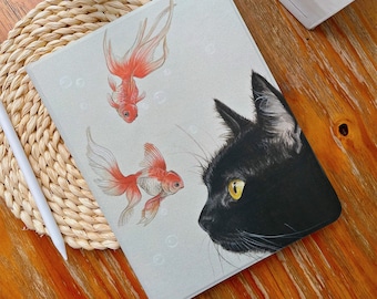May include: A black cat with yellow eyes looks at three goldfish swimming in a tank. The goldfish are orange and white with red fins. The image is on a white background with a light gray texture.