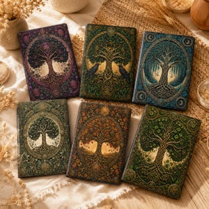 May include: Six rectangular journals featuring intricate embossed covers with various tree of life designs. Each notebook displays unique seasonal or thematic colours including purple, green, blue, and autumn tones, with detailed knotwork patterns.