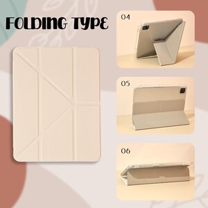 May include: Three different folding types for a tablet case. The first case has a geometric pattern with a beige color. The second case is a simple beige case that folds into a stand. The third case is a beige case that folds into a stand with a slightly different shape.