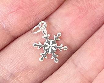 Könnte beinhalten: Ein kleiner, silberner Schneeflocken-Anhänger mit filigranen Details. Der Anhänger ist an einer kleinen Schlaufe befestigt, bereit für eine Halskette oder ein Armband. Das Schneeflocken-Design hat sechs Spitzen mit detaillierten Kanten und ein zentrales Sternmuster.