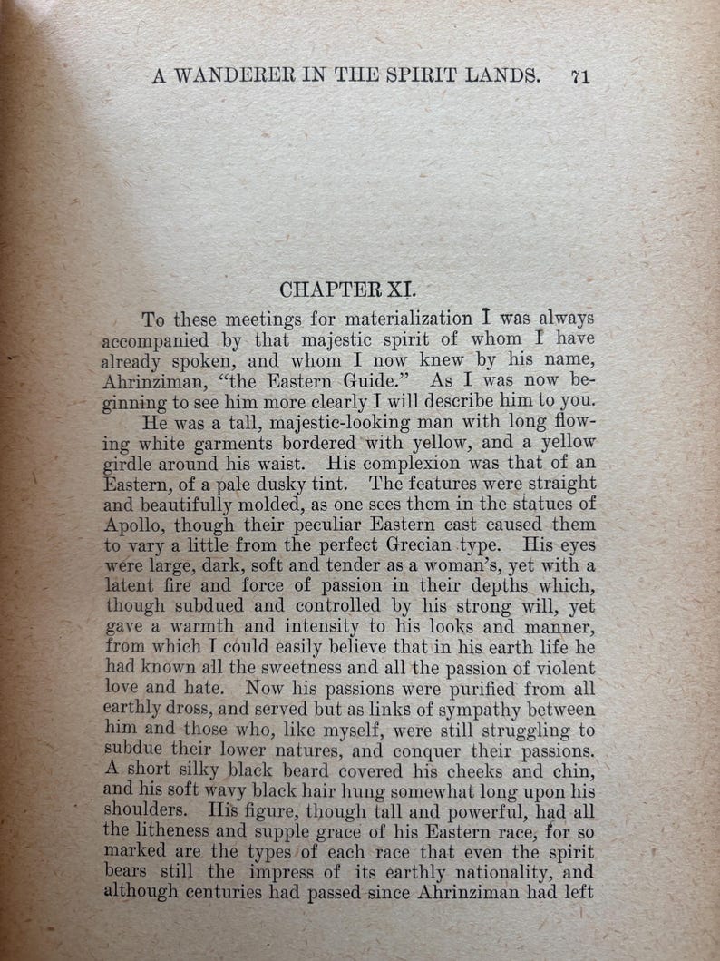 May include: Aged paper page from a book titled "A Wanderer in the Spirit Lands." The text includes the chapter title "Chapter XI" and descriptive text about a figure. The page is aged with a sepia tone.