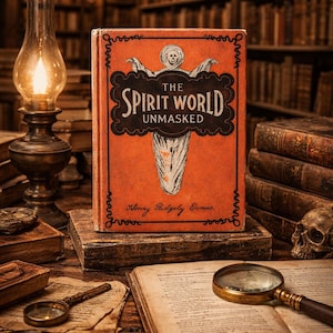 Antique 1902 book The Spirit World Unmasked by Henry Ridgely Evans with orange illustrated cover featuring ghost figure, Victorian spiritualism, séance, telepathy and paranormal investigation content displayed in dark academia setting