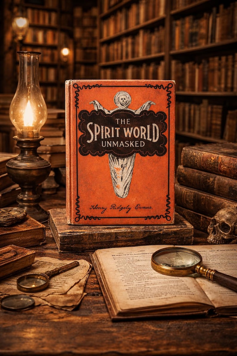 Antique 1902 book The Spirit World Unmasked by Henry Ridgely Evans with orange illustrated cover featuring ghost figure, Victorian spiritualism, séance, telepathy and paranormal investigation content displayed in dark academia setting