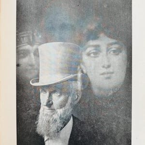 May include: A vintage black and white spirit photograph. It depicts a man with a top hat and a long white beard, with a woman's face ghosted behind him. The text at the bottom reads "FIG. 30 - SPIRIT PHOTOGRAPH BY PRETENDED MEDIUM."
