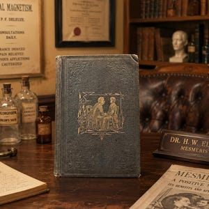 Antique 1875 Library of Mesmerism and Psychology book published by Samuel R. Wells, with gilt mesmerism cover, philosophy of mesmerism, electrical psychology, macrocosm and microcosm, and occult spiritualist content.