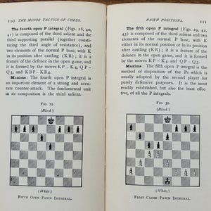May include: Open book pages with text and chess diagrams. The text discusses chess tactics, including pawn positions and integrals. Diagrams show chess board layouts with black and white pieces.