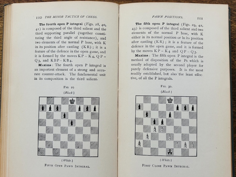 May include: Open book pages with text and chess diagrams. The text discusses chess tactics, including pawn positions and integrals. Diagrams show chess board layouts with black and white pieces.