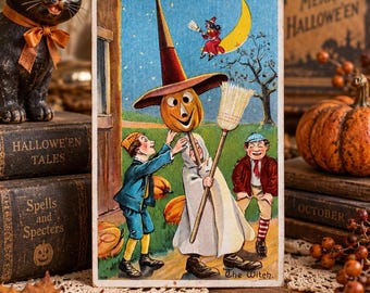 Antique Halloween Postcard The Witch Julius Bien Series 980 Pumpkin Head Witch Crescent Moon Broom Early 1900s Halloween Ephemera