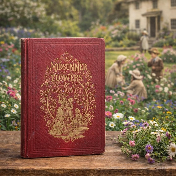 1854 Midsummer Flowers Book Mary Howitt Antique Children’s Book Victorian Floral Poetry Vintage Red Book Cottagecore Decor Rare Antique Book