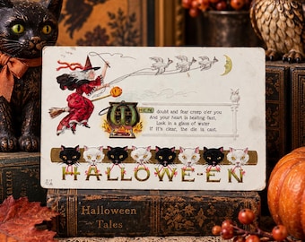 Antique 1913 Halloween Postcard E. Nash H-17 Witch Black & White Cats Cauldron Owl Moon Embossed Hallowe’en Fortune Verse Ephemera