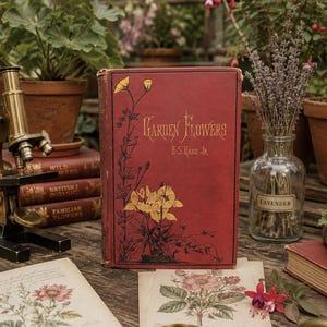 May include: A vintage hardcover book titled Garden Flowers by E.S. Rand Jr. with a deep red cover featuring yellow floral illustrations. The book stands upright on a wooden surface, surrounded by botanical prints, a magnifying glass, and plants.