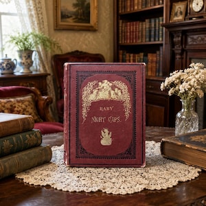 May include: A vintage hardcover book titled Baby Night Caps with a deep red cover featuring gold embossed illustrations of figures and floral patterns. The book is positioned upright on a round lace doily, showcasing intricate black border details.