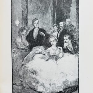 May include: A monochrome illustration shows a group of people in a room. A woman in a large dress is seated, surrounded by several figures in formal attire. The image is labelled "FIG. 7 - HOME AT THE TUILERIES."