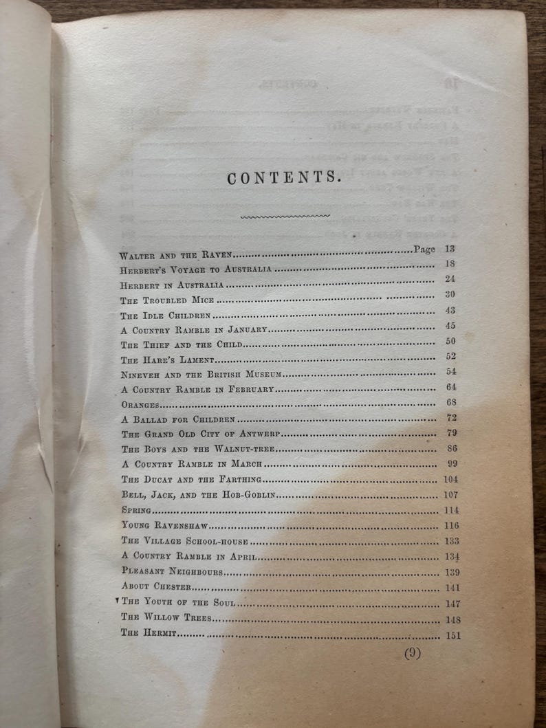 May include: An open book page featuring a detailed table of contents. The title "CONTENTS" is centered at the top, followed by a list of chapter titles and page numbers. The text is printed in black ink on aged, off-white paper.