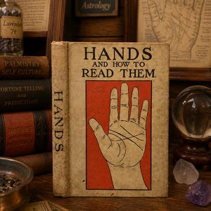May include: A vintage hardcover book titled Hands and How to Read Them, featuring a beige cover with a central red rectangular panel displaying a black line drawing of an open palm. The spine is also beige with the word Hands printed in black text.