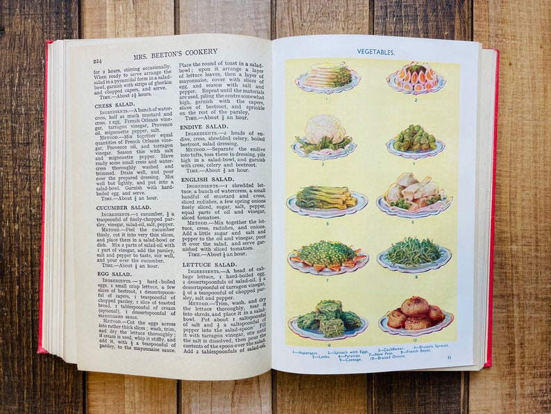 Pode incluir: Uma p&aacute;gina de um livro de cozinha vintage com ilustra&ccedil;&otilde;es de diferentes saladas de vegetais. A p&aacute;gina est&aacute; aberta &agrave; se&ccedil;&atilde;o intitulada "Vegetais" e mostra imagens de aspargos, couve-flor, feij&atilde;o verde, ervilhas e outros vegetais.