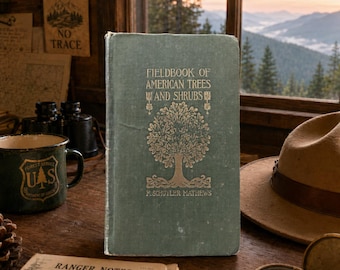 May include: A vintage hardcover book titled Fieldbook of American Trees and Shrubs by F. Schuyler Mathews, featuring a sage green cloth cover with a gold embossed tree illustration and decorative floral accents on the front cover.