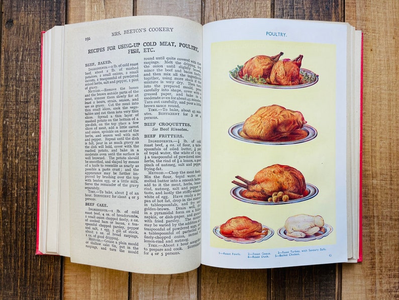Pode incluir: Um livro de cozinha vintage aberto em uma p&aacute;gina sobre receitas de aves. A p&aacute;gina apresenta ilustra&ccedil;&otilde;es de ganso assado, peru e frango em pratos com guarni&ccedil;&otilde;es. O texto inclui o t&iacute;tulo "Aves" e os nomes das receitas "Ganso assado", "Peru assado com rolinhos de salsicha" e "Frango assado".