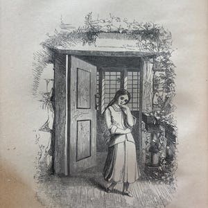 May include: An antique black and white illustration of a woman standing in a doorway. The woman is wearing a long dress and has long hair. The doorway is framed by vines. The text "PATIENCE WELBECK" is below the image.
