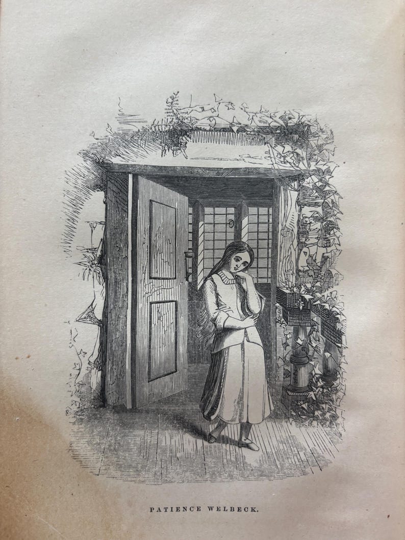 May include: An antique black and white illustration of a woman standing in a doorway. The woman is wearing a long dress and has long hair. The doorway is framed by vines. The text "PATIENCE WELBECK" is below the image.