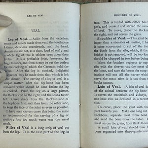 Pode incluir: Uma p&aacute;gina de livro vintage com texto sobre diferentes cortes de vitela, incluindo perna, ombro e lombo. O texto descreve como cortar cada corte e fornece dicas para cozinhar.