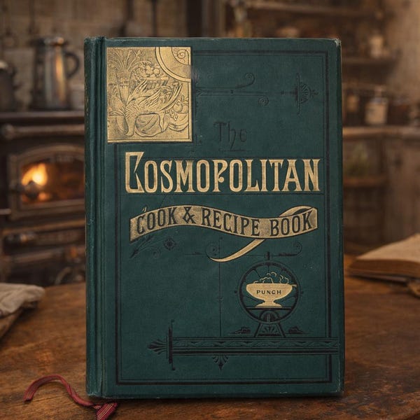 Libro de recetas Cosmopolitan Cook de 1882, libro de cocina antiguo de Moore & Cole, libro de cocina publicitario victoriano, libro de cocina antiguo
