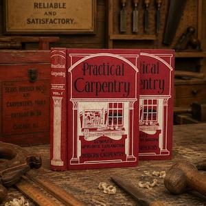 May include: Two red hardcover books titled Practical Carpentry with white text and illustrations of tools on the covers. The books feature the subtitle A Complete Up-To-Date Explanation of Modern Carpentry and are displayed on a wooden workbench.