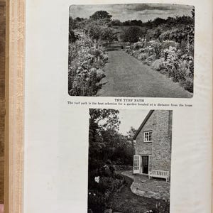 May include: A page from a book featuring two black and white photographs of garden paths. The top image shows a grass path titled THE TURF PATH with text below. The bottom image shows a stone and grass path titled STONE AND TURF with text.