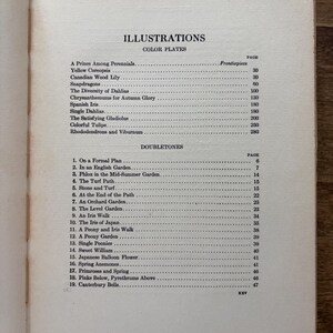 May include: A book page titled ILLUSTRATIONS with sections for COLOR PLATES and DOUBLETONES. The text lists various garden-themed subjects like A Prince Among Perennials, Yellow Coreopsis, and Phlox in the Mid-Summer Garden with page numbers.