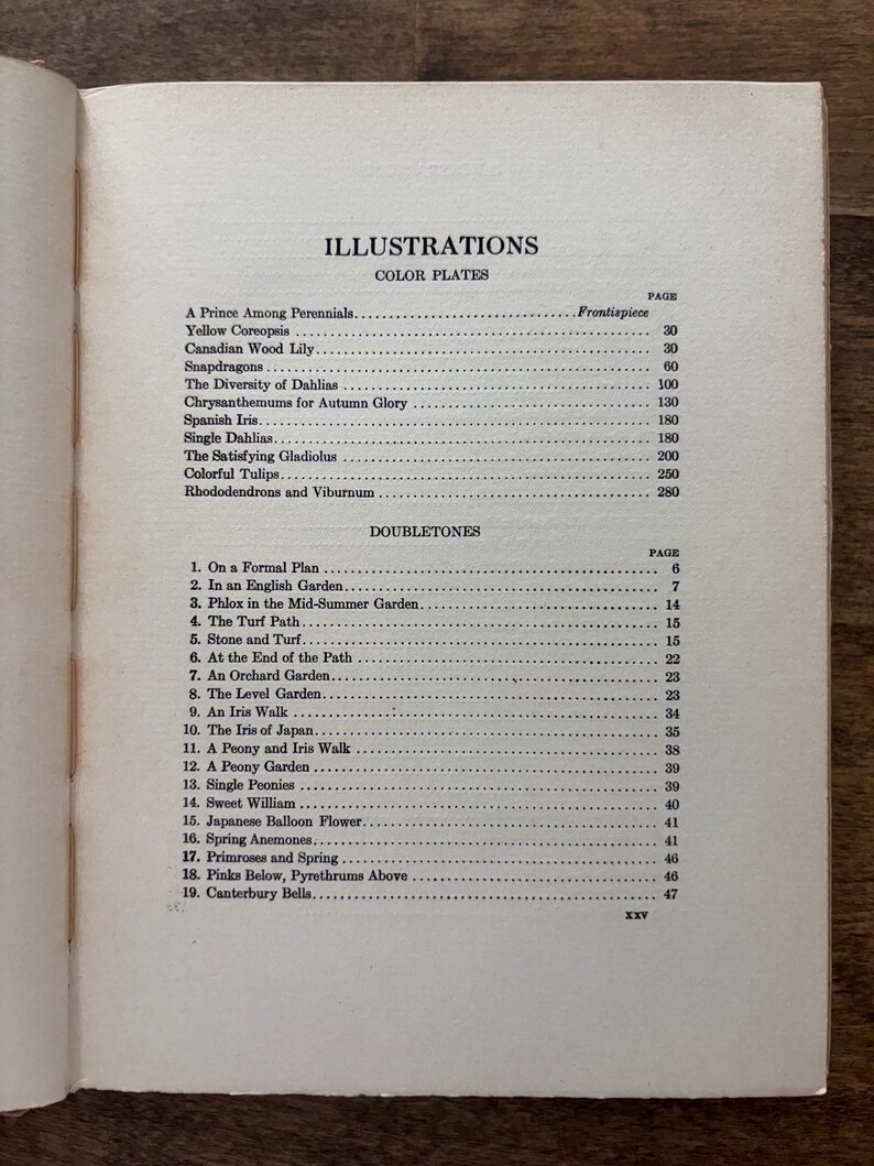 May include: A book page titled ILLUSTRATIONS with sections for COLOR PLATES and DOUBLETONES. The text lists various garden-themed subjects like A Prince Among Perennials, Yellow Coreopsis, and Phlox in the Mid-Summer Garden with page numbers.