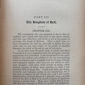 May include: Aged paper from a book, featuring text from "A Wanderer in the Spirit Lands." The page displays the title "The Kingdom of Hell" and Chapter XIX. The text is in black ink, with a vintage aesthetic.