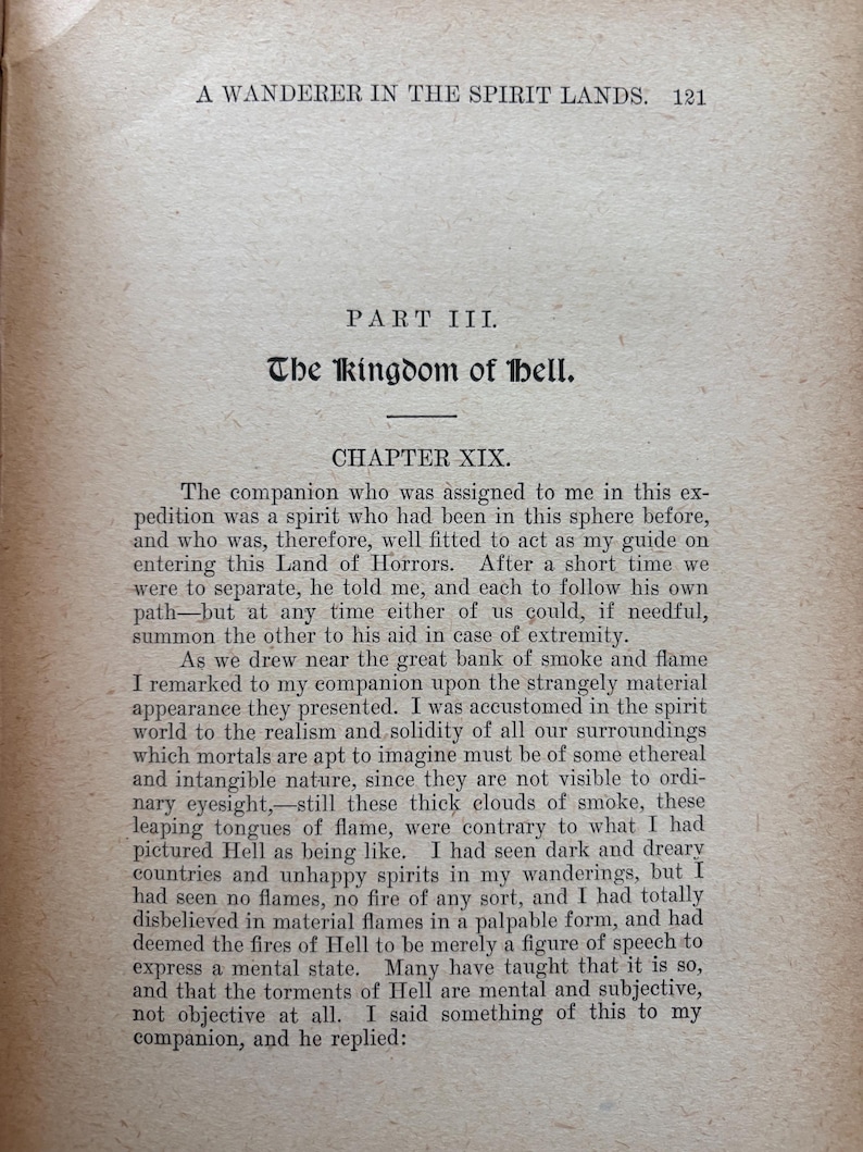 May include: Aged paper from a book, featuring text from "A Wanderer in the Spirit Lands." The page displays the title "The Kingdom of Hell" and Chapter XIX. The text is in black ink, with a vintage aesthetic.
