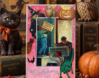 1910 Antique Halloween Postcard Wishing You a Jolly Halloween Witch Green Cat Jack O Lantern Owl Embossed A. Jaeger Halloween Series No 4