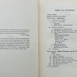 May include: An antique book open to two pages. The left page has a quote by Prof. Lodge and another by F. W. H. Myers. The right page shows a detailed table of contents, with sections on Spiritualism and Madame Blavatsky.