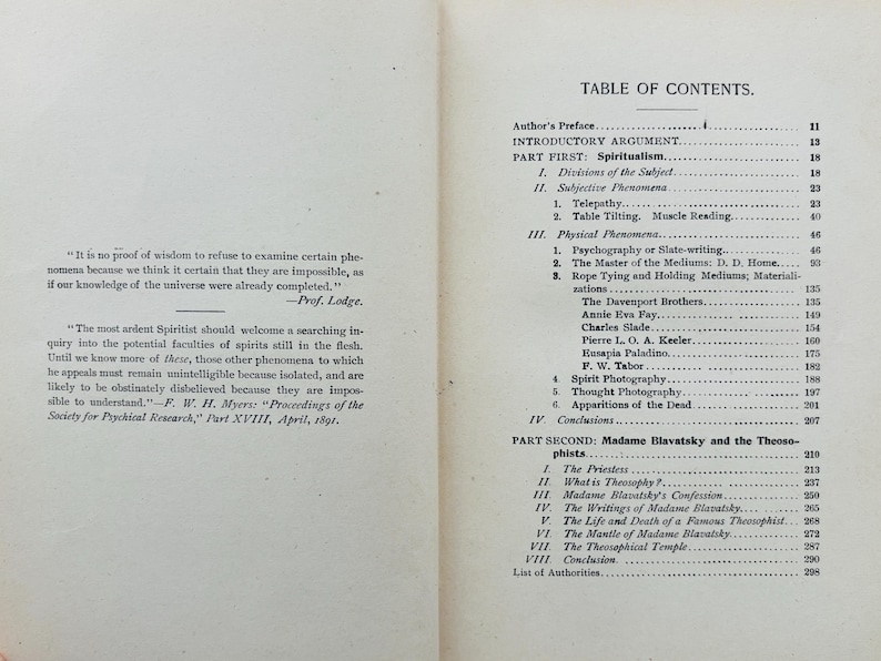 May include: An antique book open to two pages. The left page has a quote by Prof. Lodge and another by F. W. H. Myers. The right page shows a detailed table of contents, with sections on Spiritualism and Madame Blavatsky.