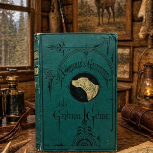 May include: A vintage teal book titled "Sportsman's Gazetteer and General Guide" with a gold dog illustration. The book is on a wooden table with a pipe, antlers, and binoculars, suggesting a hunting or outdoors theme.